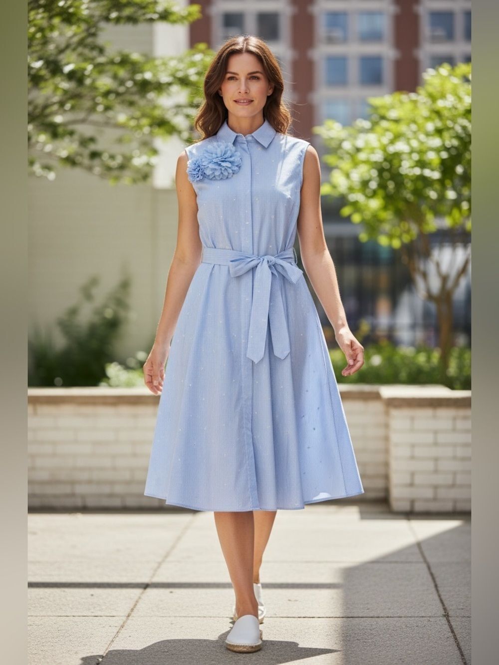 BADGLEY MISCHKA NEW SKY BLUE STRIPE FLORAL GOLD EMBROID MIDI DRESS 10 - Picture 4 of 13